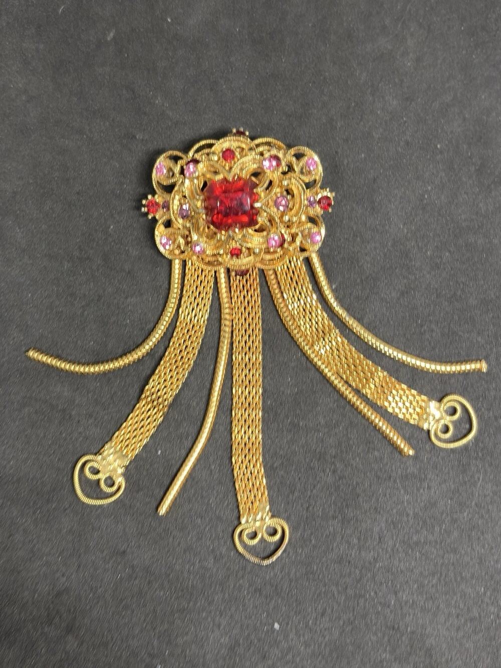 Vintage Victorian Revival Multi Layer Gold Tone Rhinestone Tassel Dangle Brooch